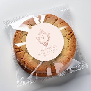 Adesivo Redondo Primeira Comunhão Rosa Bege Dourado Brasão Menina 