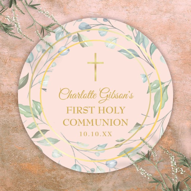 Adesivo Redondo Primeira Comunhão Rosa Corado com Verduras (Blush Pink First Holy Communion Greenery Classic Round Sticker)