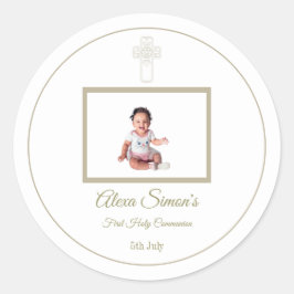 Adesivo Redondo Primeira Comunhão Sagrada e Dourada Personalizada