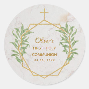 Adesivo Redondo Primeira Comunhão Verde Folhagem Botânico Geométri