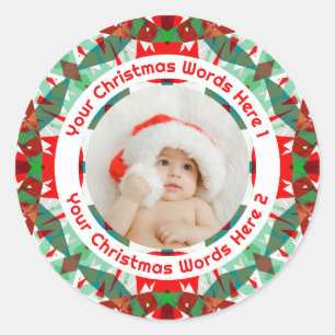 Adesivo Redondo Primeira Foto da Família Vermelha e Verde no Natal