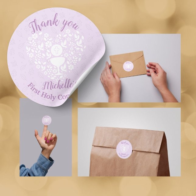 Adesivo Redondo Primeira Lavanda Sagrada de Menina Comunitária (Use these personalized thank you stickers to simplify your First Holy Communion celebration)