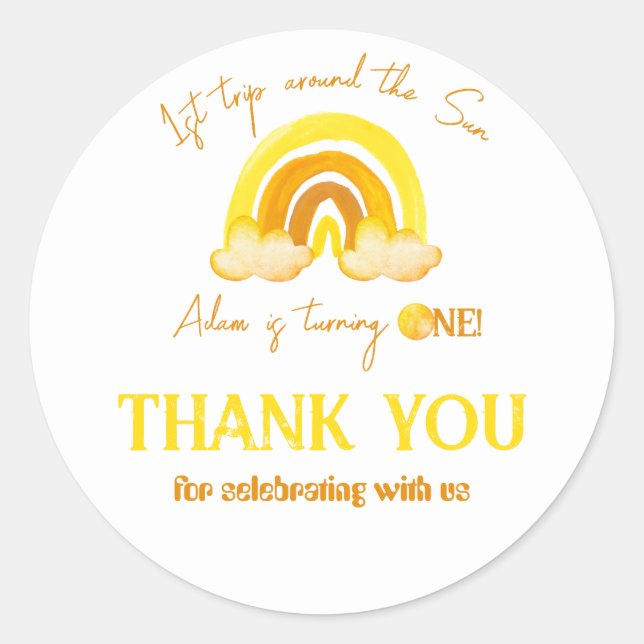 Adesivo Redondo Primeira viagem em torno da Festa de aniversário d (Frente)