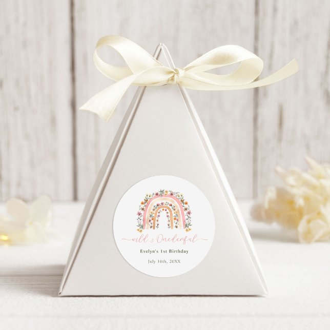 Adesivo Redondo Primeiro aniversario Arco-Íris de Flores Selvagens (Criador carregado)