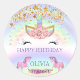 Adesivo Redondo Primeiro aniversario Arco-Íris do Unicórnio