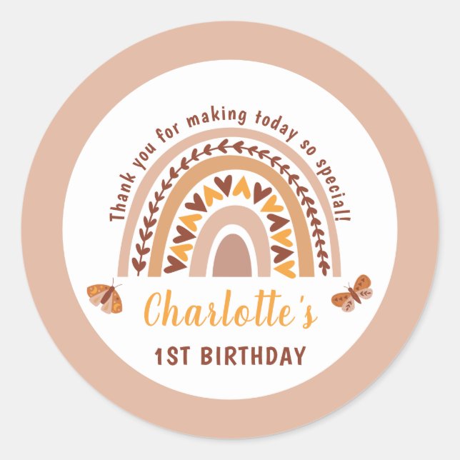 Adesivo Redondo Primeiro aniversario Arco-Íris Rosa Moderno - Obri (Frente)