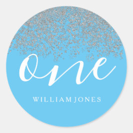 Adesivo Redondo Primeiro aniversario Azul do Silver Glitter Boys