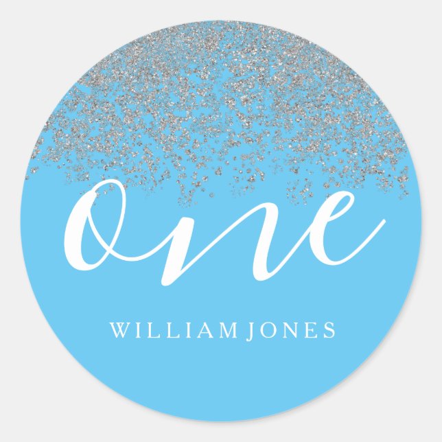 Adesivo Redondo Primeiro aniversario Azul do Silver Glitter Boys (Frente)