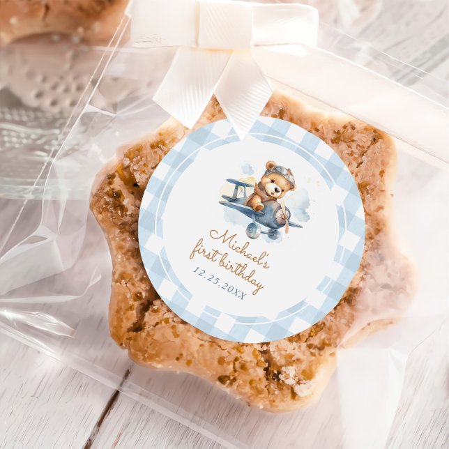 Adesivo Redondo Primeiro aniversario azul do urso de pelúcia do av (Criador carregado)