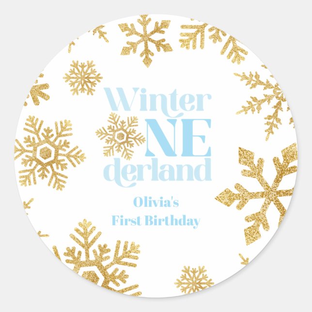 Adesivo Redondo Primeiro aniversario Azul Dourado Floco de Neve do (Frente)