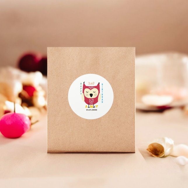 Adesivo Redondo Primeiro aniversario Baby Owl (baby Owl party theme sticker,birthday party sticker,gift pack,envelope,return gift sticker)