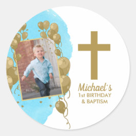 Adesivo Redondo Primeiro Aniversário Baptismo Dourado Galo Fotográ