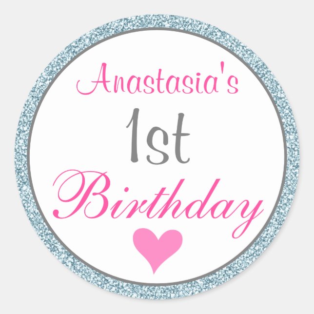 Adesivo Redondo Primeiro aniversario brilhante cor-de-rosa e azul  (Frente)