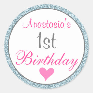 Adesivo Redondo primeiro aniversario Brilhante Rosa Brilhante e Az