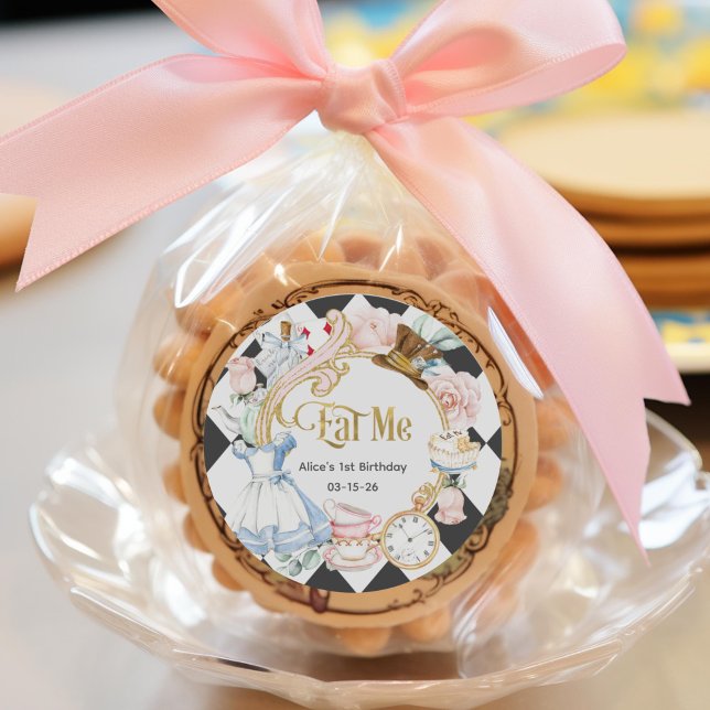 Adesivo Redondo Primeiro aniversário, Coma-Me, Alice Onderland (Alice Onederland, Girl 1st birthday, eat me, favor sticker.)