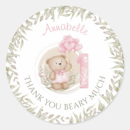 Adesivo Redondo Primeiro Aniversário Cute Teddy Bear Obrigado