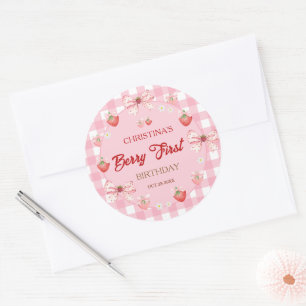 Adesivo Redondo Primeiro aniversário da Berry menina rosa xadrez m