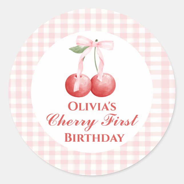Adesivo Redondo Primeiro aniversário da Cherry Pink Arco Gingham (Frente)