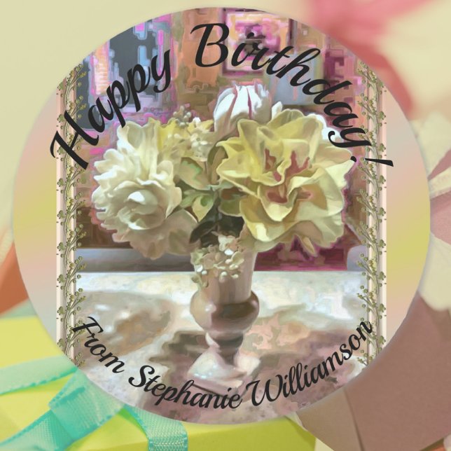 Adesivo Redondo Primeiro Aniversário das Flores da primavera PCM1 (Criador carregado)