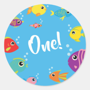 Adesivo Redondo primeiro aniversario De Aquário De Peixe Obrigado