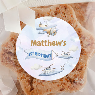 Adesivo Redondo Primeiro aniversario De Avião Azul Retro Cujo Cant