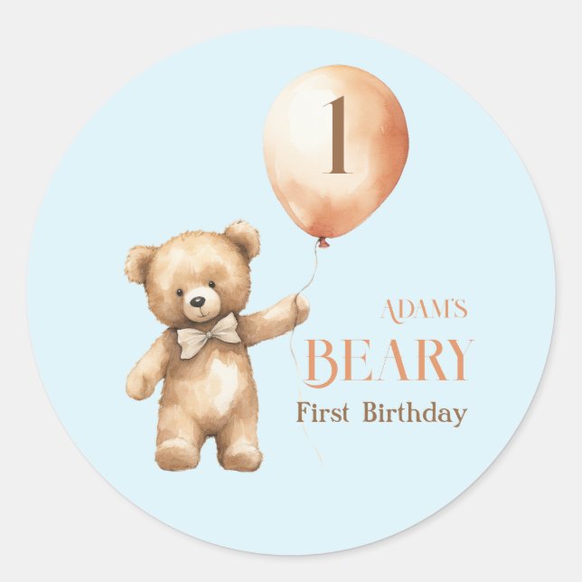 Adesivo Redondo Primeiro aniversario de Bear Blue Boy Minimer (Frente)