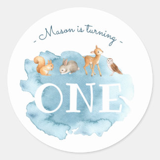 Adesivo Redondo Primeiro aniversario de Blue Watercolor Forest Ani