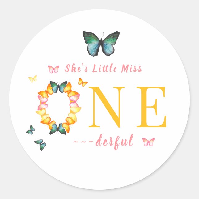 Adesivo Redondo Primeiro aniversario de Borboleta da Miss Onelinda (Frente)