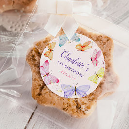 Adesivo Redondo Primeiro aniversario de Borboleta de Aquarela