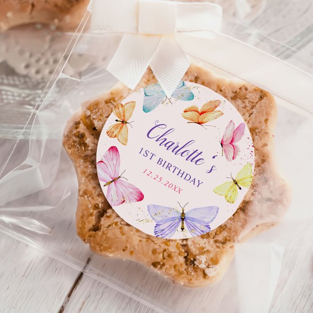 Adesivo Redondo Primeiro aniversario de Borboleta de Aquarela (Criador carregado)