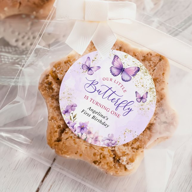 Adesivo Redondo Primeiro aniversario de borboletas planas e Dourad (Criador carregado)