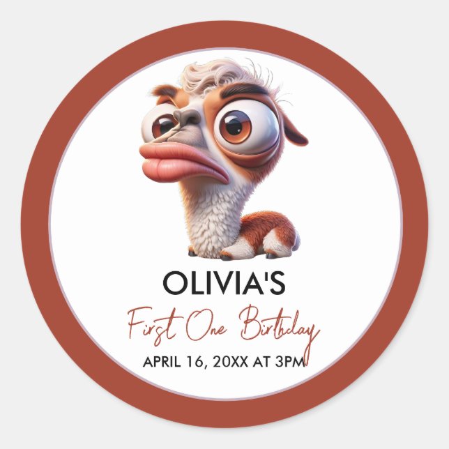 Adesivo Redondo Primeiro aniversario de Caricatura Engraçado Llama (Frente)