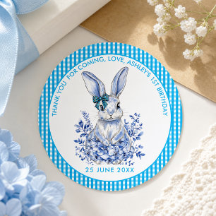 Adesivo Redondo Primeiro aniversario de Coelho Floral Azul para Cr