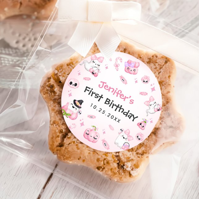 Adesivo Redondo Primeiro aniversario de Dia das Bruxas Ghost Rosa- (Criador carregado)