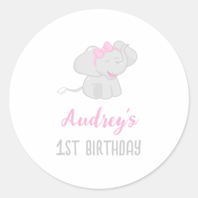 Adesivo Redondo Primeiro aniversario de Elefante Bonito (Frente)