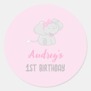 Adesivo Redondo Primeiro aniversario de Elefante Cento - Rosa