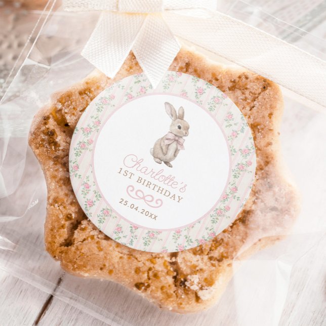 Adesivo Redondo Primeiro aniversario De Garota Floral Quente Bunny (Criador carregado)