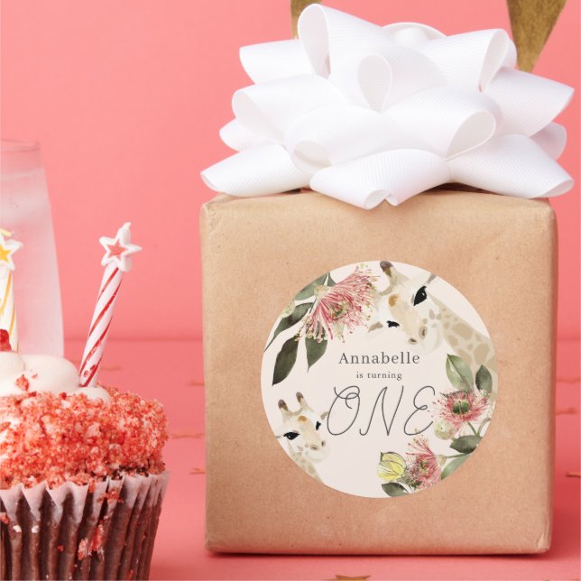 Adesivo Redondo Primeiro aniversario de Garota Floral Rosa Girafa (Festa)