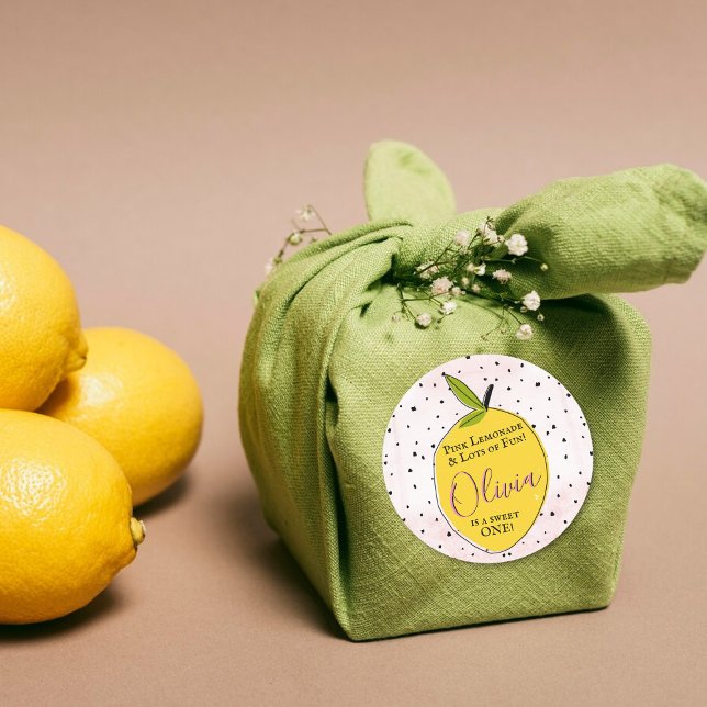 Adesivo Redondo Primeiro aniversario de limonada rosa moderna (Criador carregado)