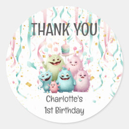 Adesivo Redondo Primeiro aniversario De Monstros Bonitos. Obrigado