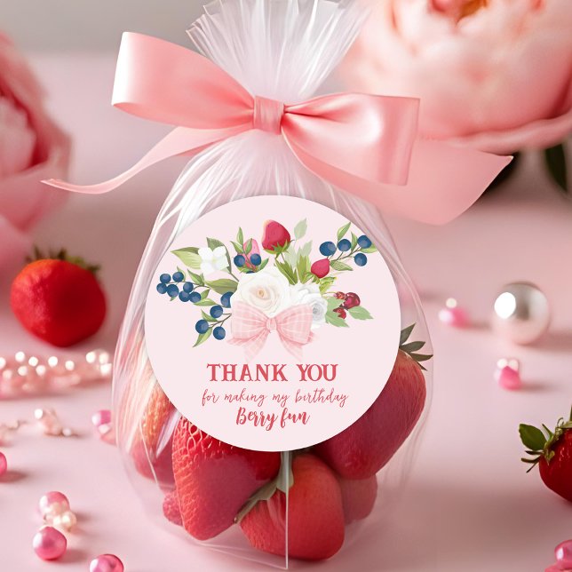 Adesivo Redondo Primeiro aniversario de morango Berry Sweet Pink (Criador carregado)