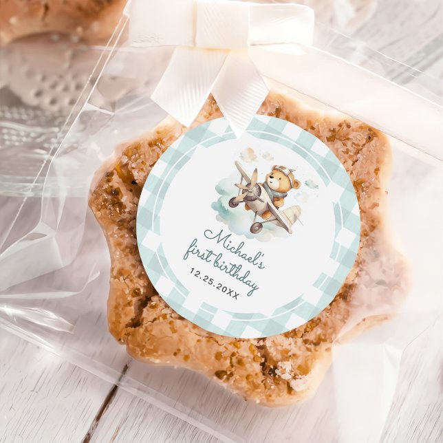 Adesivo Redondo Primeiro aniversario de Pastel Gingham (Criador carregado)