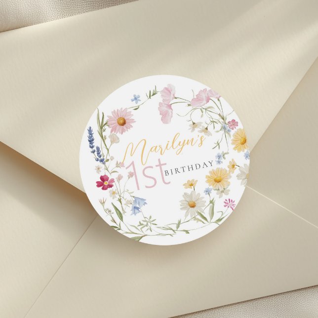 Adesivo Redondo Primeiro aniversario de Pastel Little Wildflower (Criador carregado)