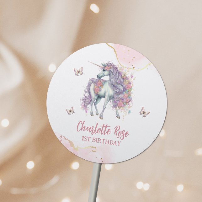 Adesivo Redondo Primeiro aniversario de Princesa Rosa Unicorn, Cas (Criador carregado)