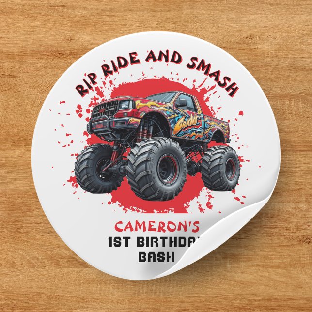 Adesivo Redondo Primeiro aniversario de Sinalizador Verificado do  (Monster Truck Smash Checkered Flag 1st Birthday Classic Round Sticker
)