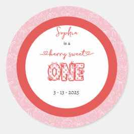 Adesivo Redondo Primeiro aniversario De Uma Garota Vermelha Rosa