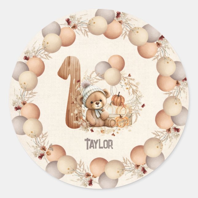 Adesivo Redondo Primeiro aniversario de ursinho de queda (Frente)