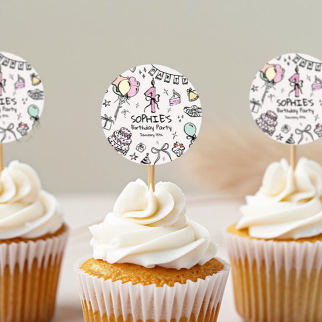 Adesivo Redondo Primeiro aniversario Desenhado à Mão (Criador carregado)