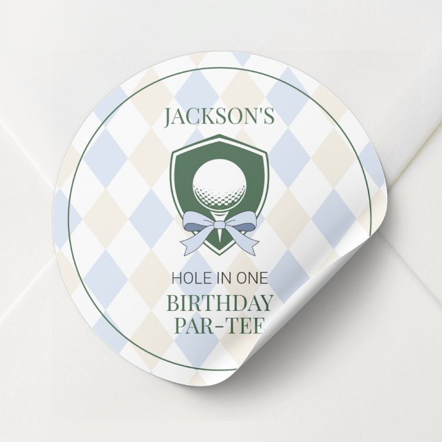 Adesivo Redondo Primeiro Aniversário do Boys Azuis Personalizados (Personalized Blue Golf Boys First Birthday Partee Classic Round Sticker)