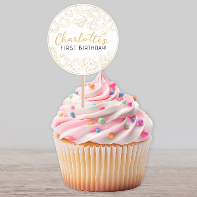 Adesivo Redondo Primeiro Aniversário do Gem Dourado - Autocolantes (gold glitter gem birthday party sticker)